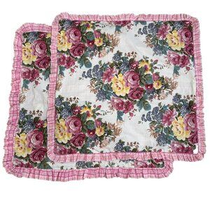Ethan Allen Euro Shams Pair of 2 Floral Plaid Ruffle‎ Pink